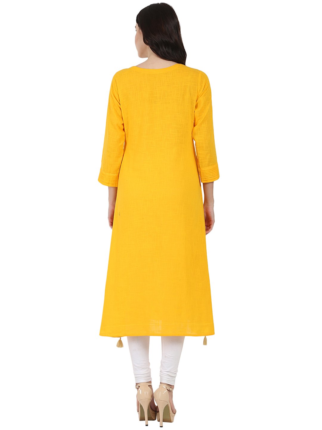 Women's Yellow 3/4Th Sleeve Cotton Slub A-Line Kurta