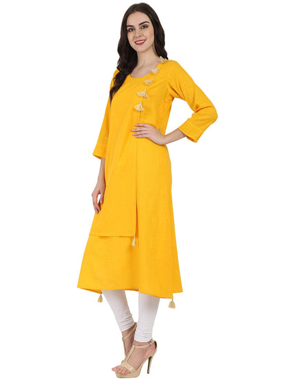 Women's Yellow 3/4Th Sleeve Cotton Slub A-Line Kurta