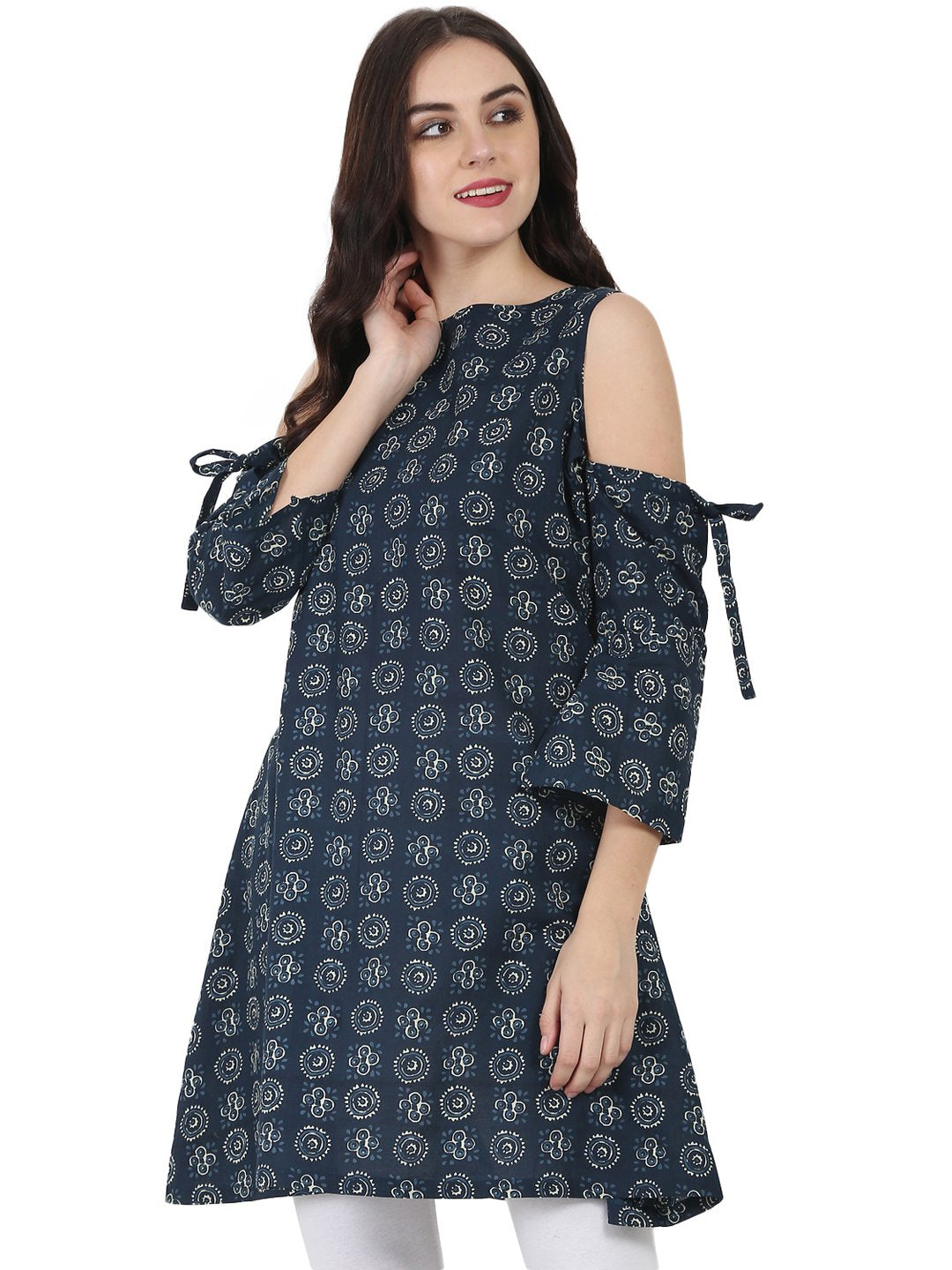 Women's Blue Printed Short Sleeve Cotton Kurta