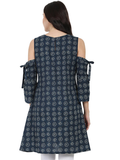 Women's Blue Printed Short Sleeve Cotton Kurta