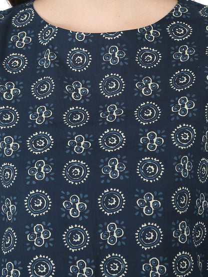 Women's Blue Printed Short Sleeve Cotton Kurta