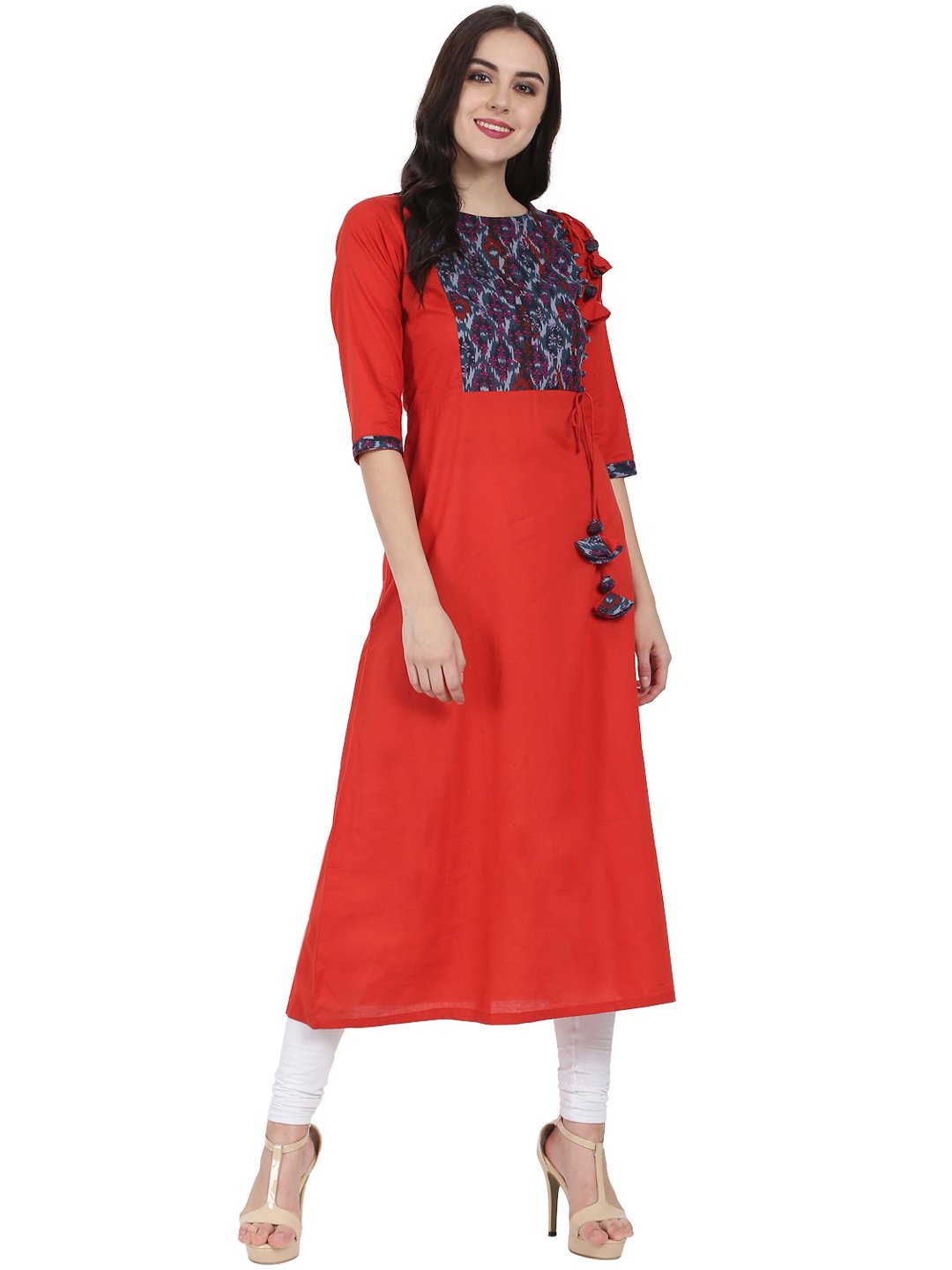 Women's Red 3/4Th Sleeve Cotton A-Line Kurta With Dori & Latkan Work At Yoke