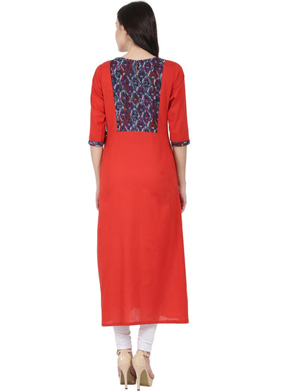 Women's Red 3/4Th Sleeve Cotton A-Line Kurta With Dori & Latkan Work At Yoke