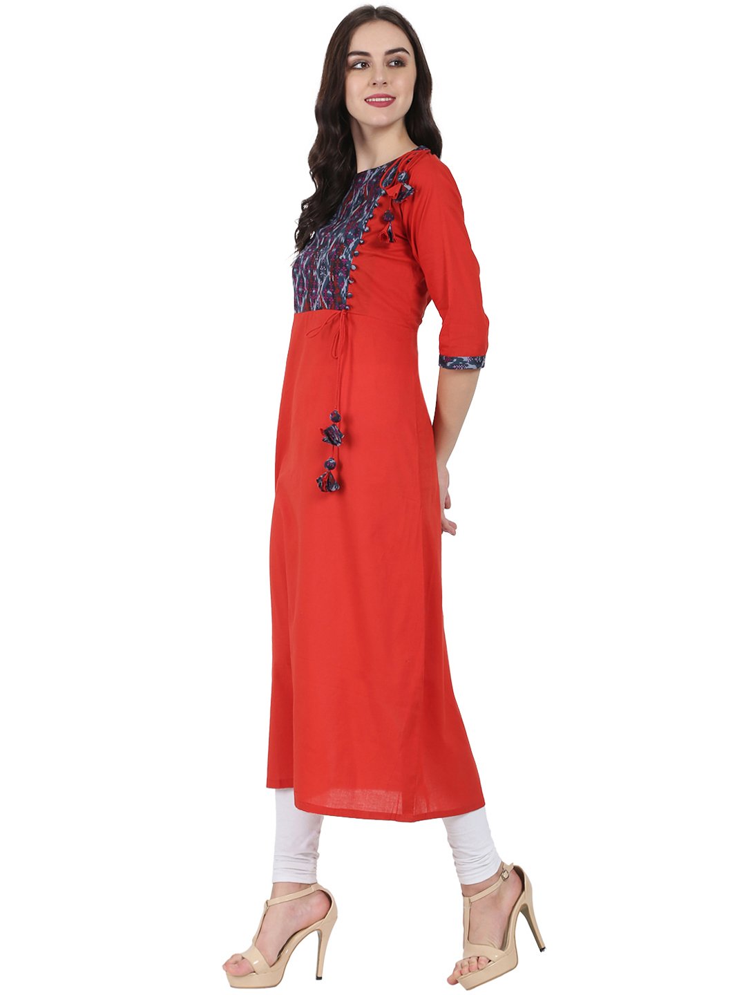Women's Red 3/4Th Sleeve Cotton A-Line Kurta With Dori & Latkan Work At Yoke