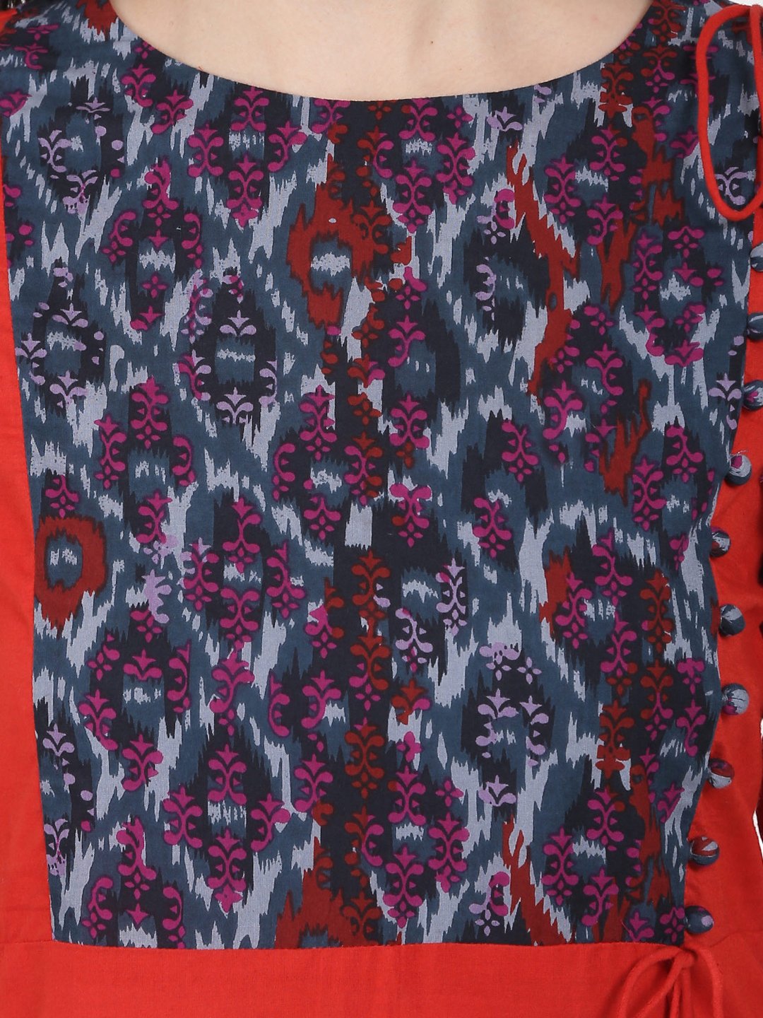 Women's Red 3/4Th Sleeve Cotton A-Line Kurta With Dori & Latkan Work At Yoke