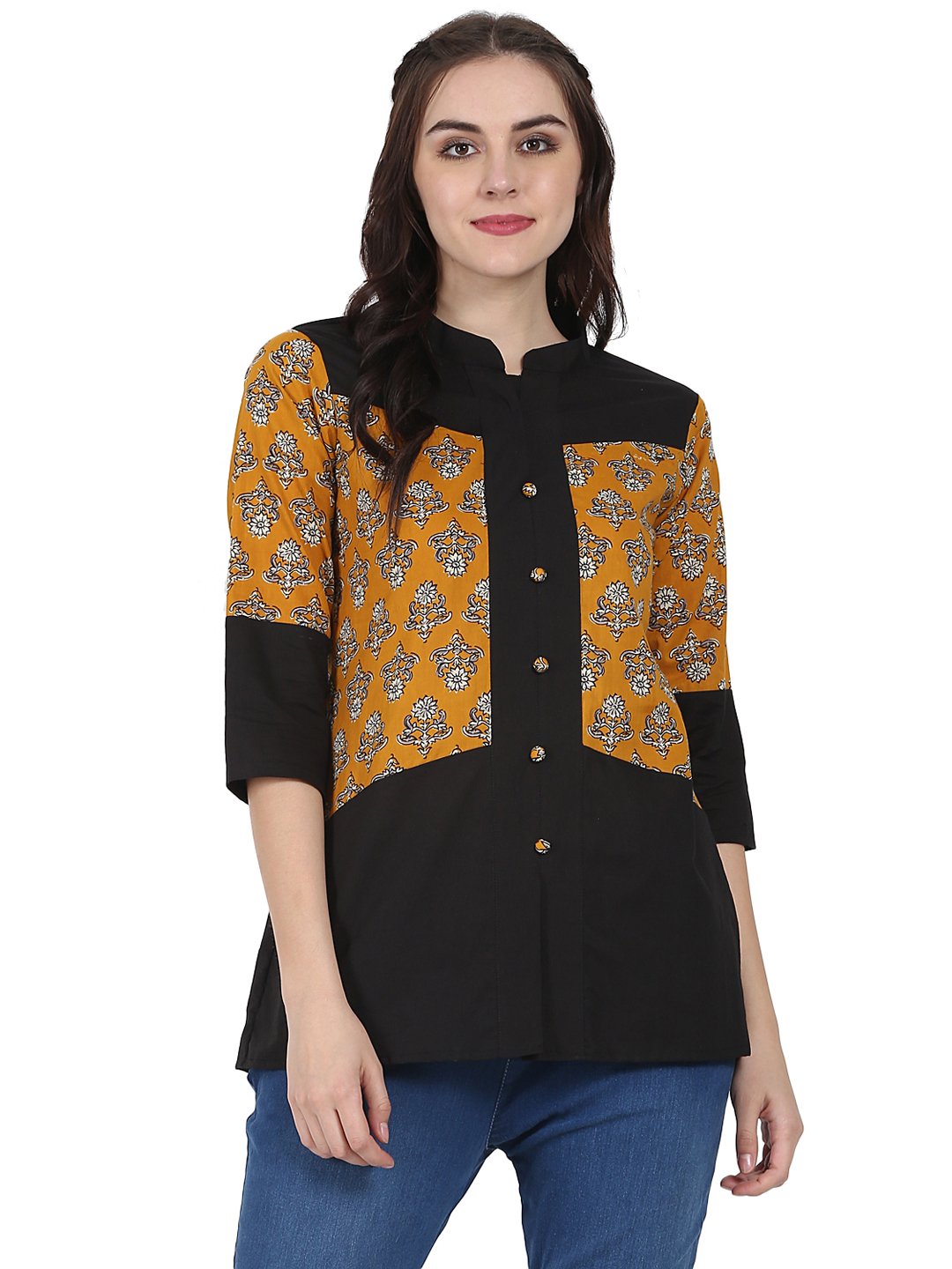 Women's Yellow & Black 3/4Th Sleeve Cotton Tunic