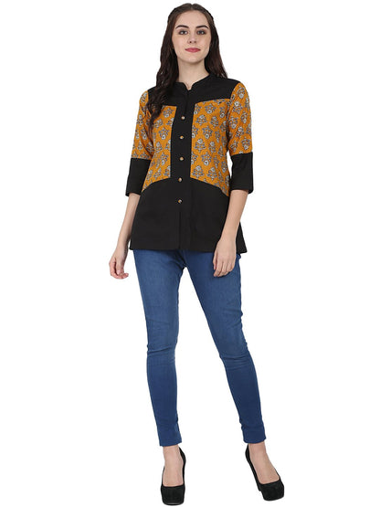 Women's Yellow & Black 3/4Th Sleeve Cotton Tunic