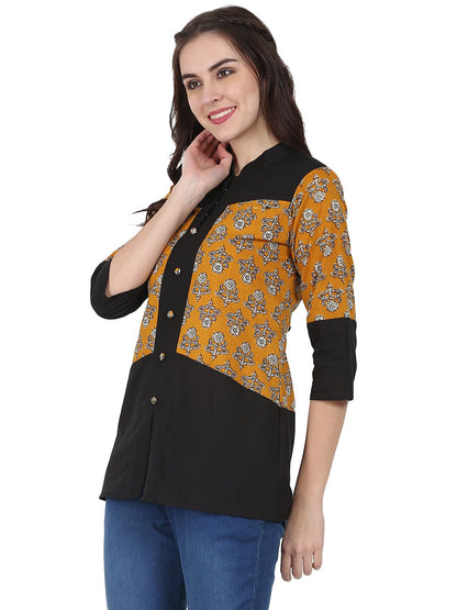 Women's Yellow & Black 3/4Th Sleeve Cotton Tunic