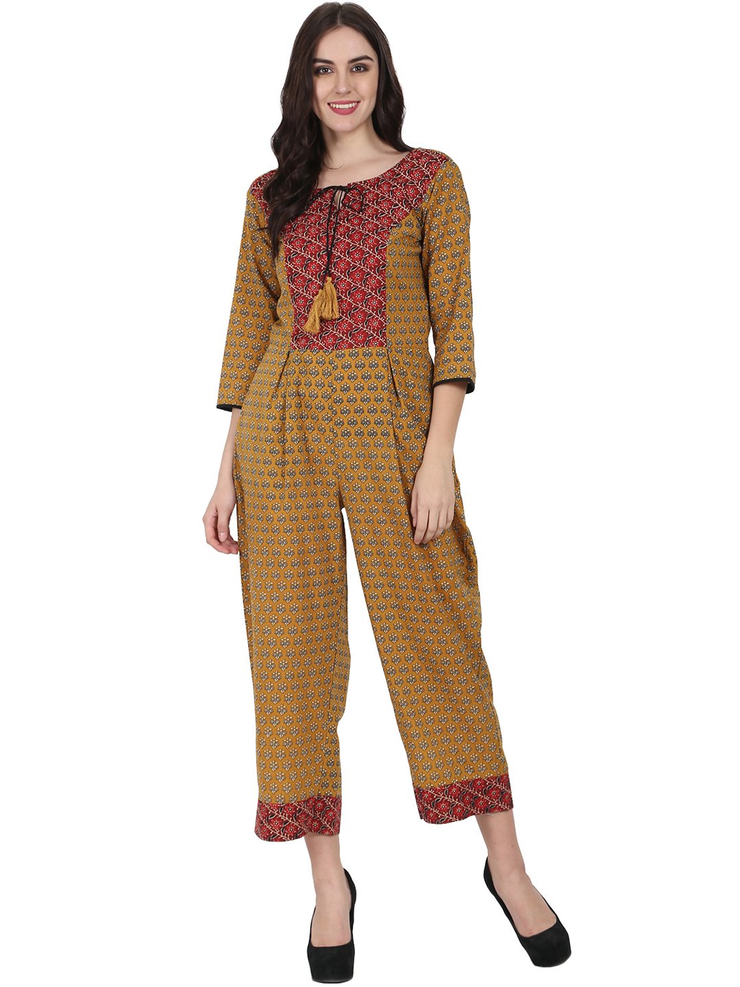 Women's Yellow Printed 3/4Th Sleeve Cotton Jumpsuit With Double Pocket & Dori Work At Yoke