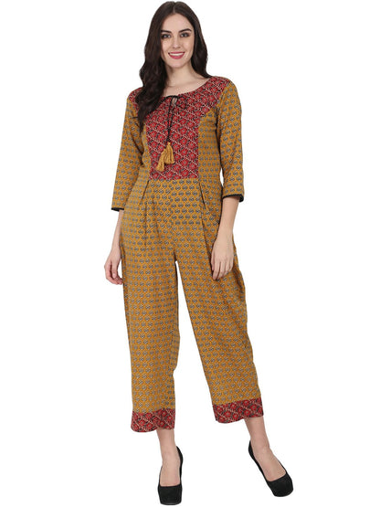 Women's Yellow Printed 3/4Th Sleeve Cotton Jumpsuit With Double Pocket & Dori Work At Yoke