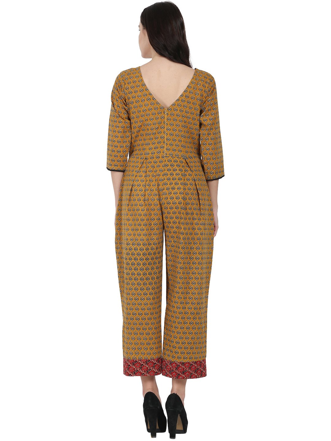 Women's Yellow Printed 3/4Th Sleeve Cotton Jumpsuit With Double Pocket & Dori Work At Yoke