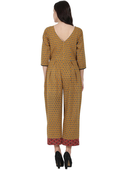 Women's Yellow Printed 3/4Th Sleeve Cotton Jumpsuit With Double Pocket & Dori Work At Yoke