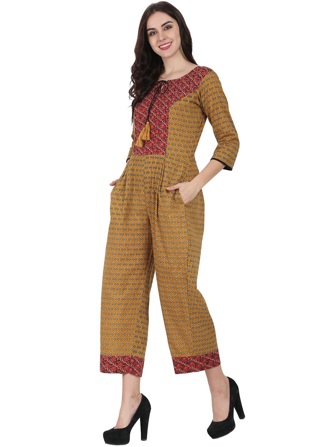 Women's Yellow Printed 3/4Th Sleeve Cotton Jumpsuit With Double Pocket & Dori Work At Yoke