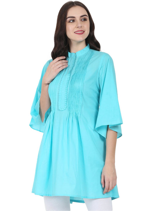 Women's Blue 3/4Th Flared Sleeve Cotton A-Line Tunic With Pleat Work At Yoke