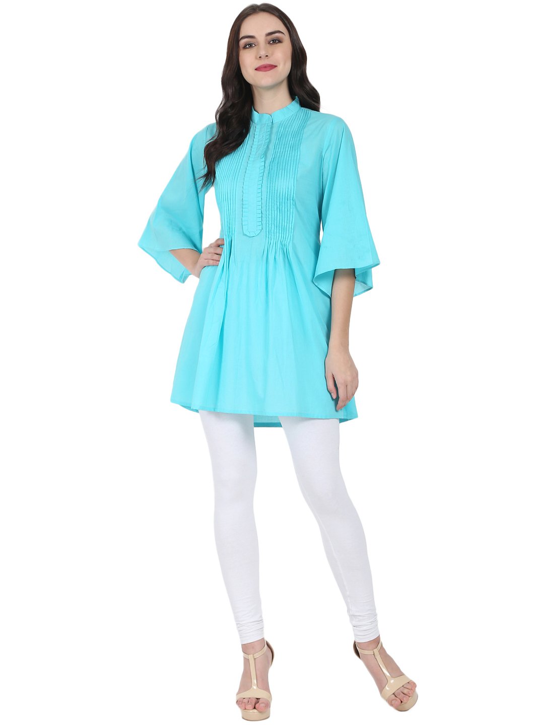 Women's Blue 3/4Th Flared Sleeve Cotton A-Line Tunic With Pleat Work At Yoke