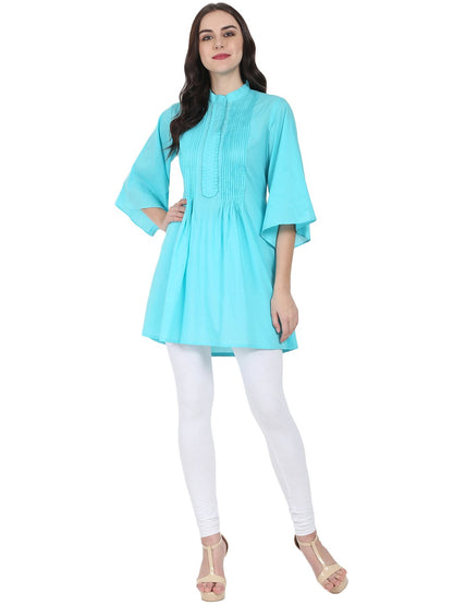 Women's Blue 3/4Th Flared Sleeve Cotton A-Line Tunic With Pleat Work At Yoke