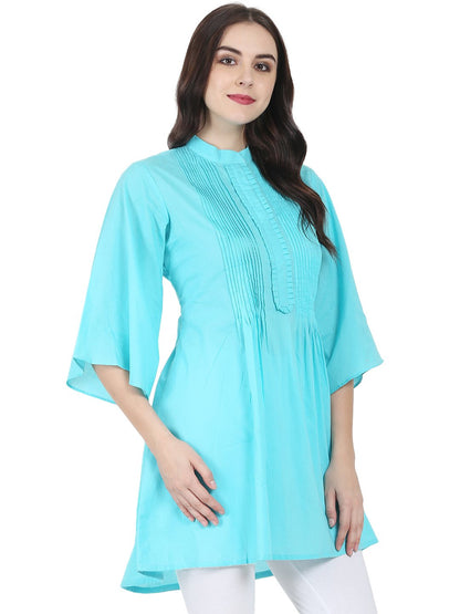 Women's Blue 3/4Th Flared Sleeve Cotton A-Line Tunic With Pleat Work At Yoke