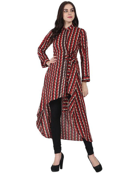 Women's Red Printed Full Sleeve Cotton Low High Kurta
