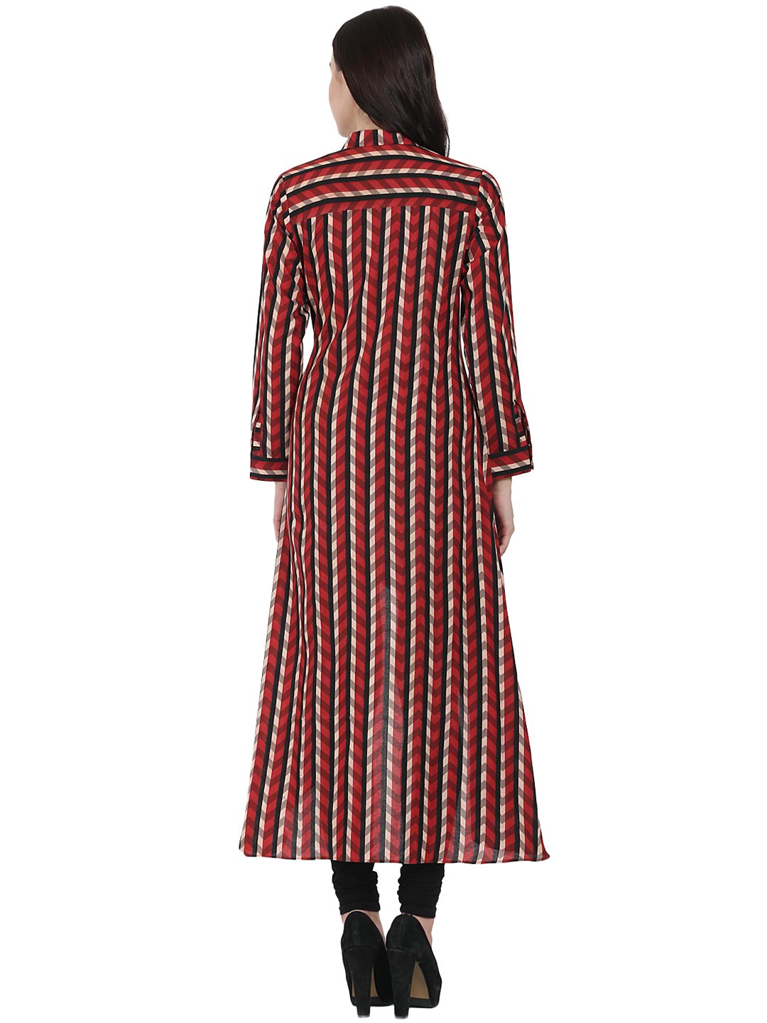 Women's Red Printed Full Sleeve Cotton Low High Kurta