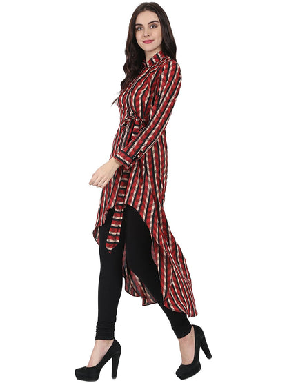 Women's Red Printed Full Sleeve Cotton Low High Kurta