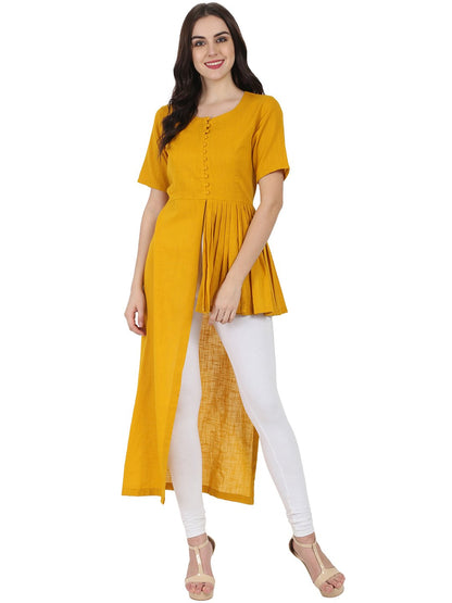 Women's Mustard Half Sleeve Cotton Slub Assymetric Kurta