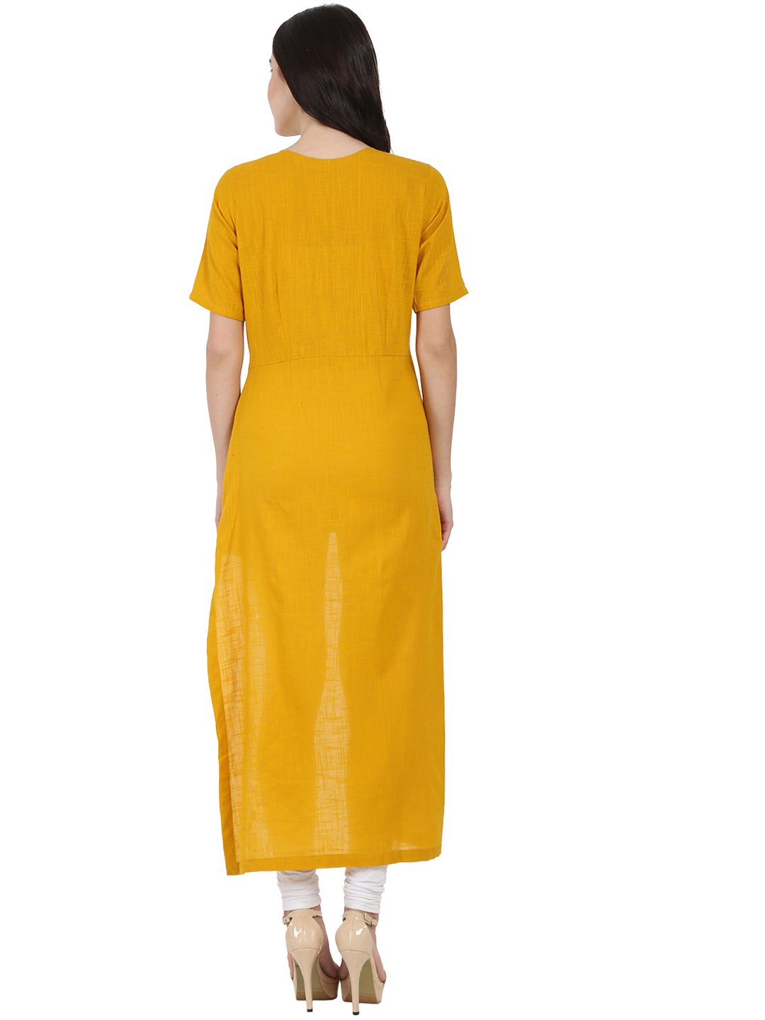 Women's Mustard Half Sleeve Cotton Slub Assymetric Kurta