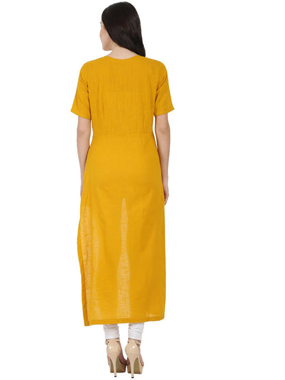 Women's Mustard Half Sleeve Cotton Slub Assymetric Kurta