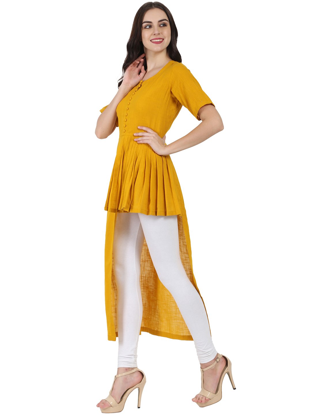 Women's Mustard Half Sleeve Cotton Slub Assymetric Kurta