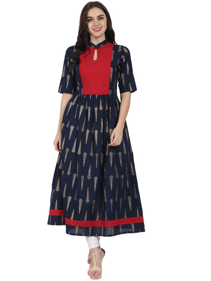 Women's Navy Blue Printed Half Sleeve Cotton Floor Length Anarkali Kurta