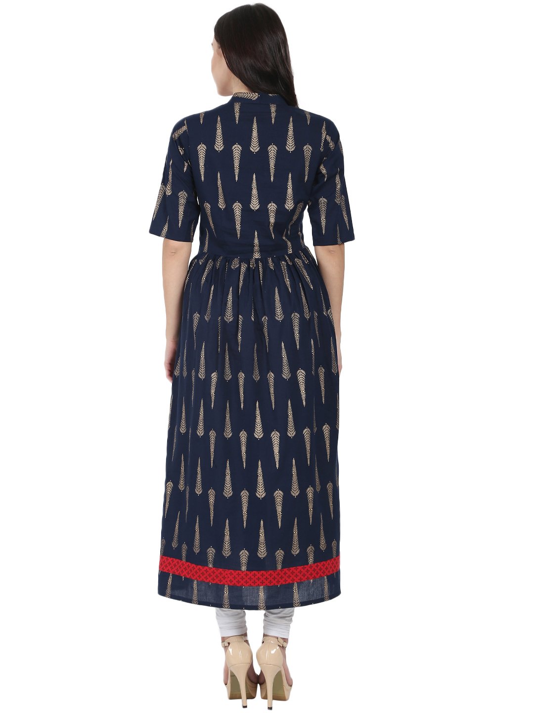 Women's Navy Blue Printed Half Sleeve Cotton Floor Length Anarkali Kurta