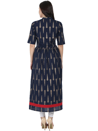 Women's Navy Blue Printed Half Sleeve Cotton Floor Length Anarkali Kurta