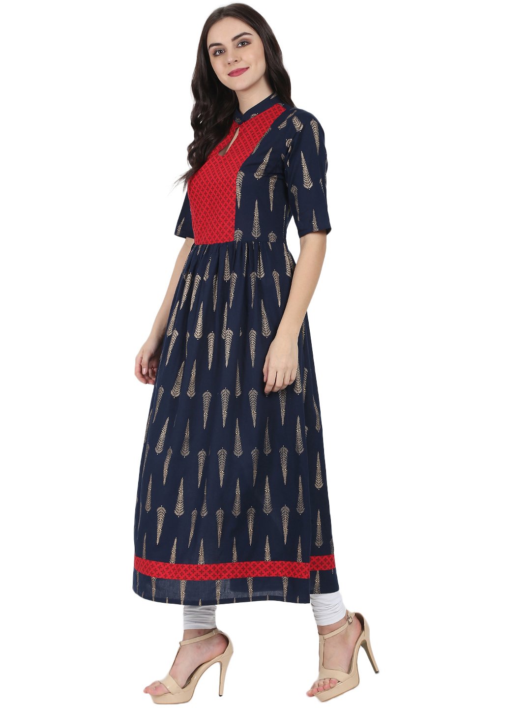 Women's Navy Blue Printed Half Sleeve Cotton Floor Length Anarkali Kurta