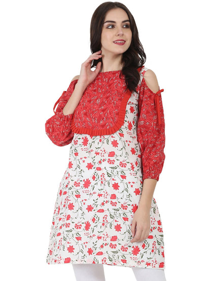 Women's White & Red Printed 3/4Th Sleeve Cotton Cold Shoulder Tunic