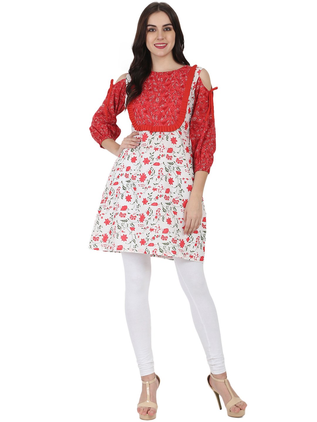 Women's White & Red Printed 3/4Th Sleeve Cotton Cold Shoulder Tunic