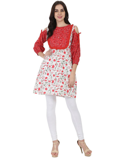 Women's White & Red Printed 3/4Th Sleeve Cotton Cold Shoulder Tunic