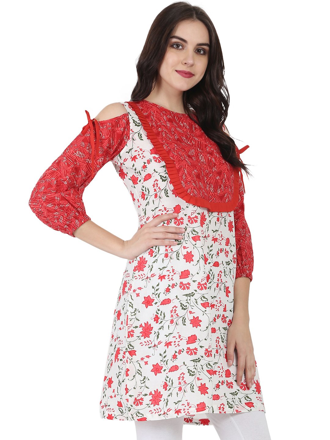 Women's White & Red Printed 3/4Th Sleeve Cotton Cold Shoulder Tunic