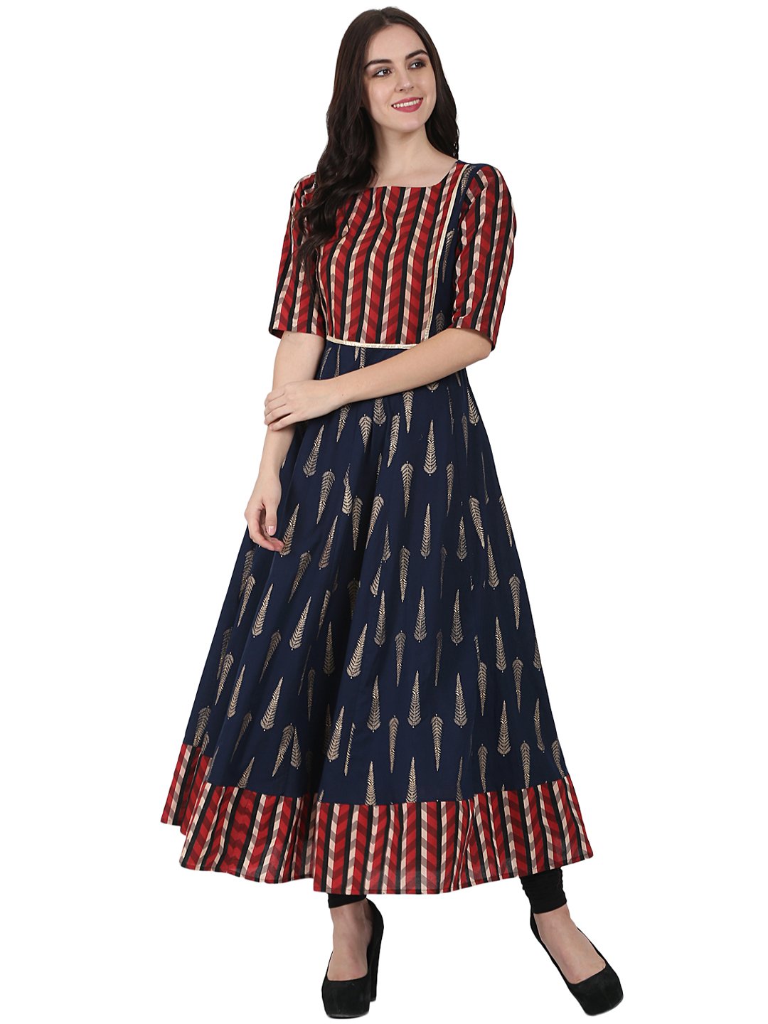 Women's Navy Blue Printed Half Sleeve Cotton Floor Length Anarkali Kurta