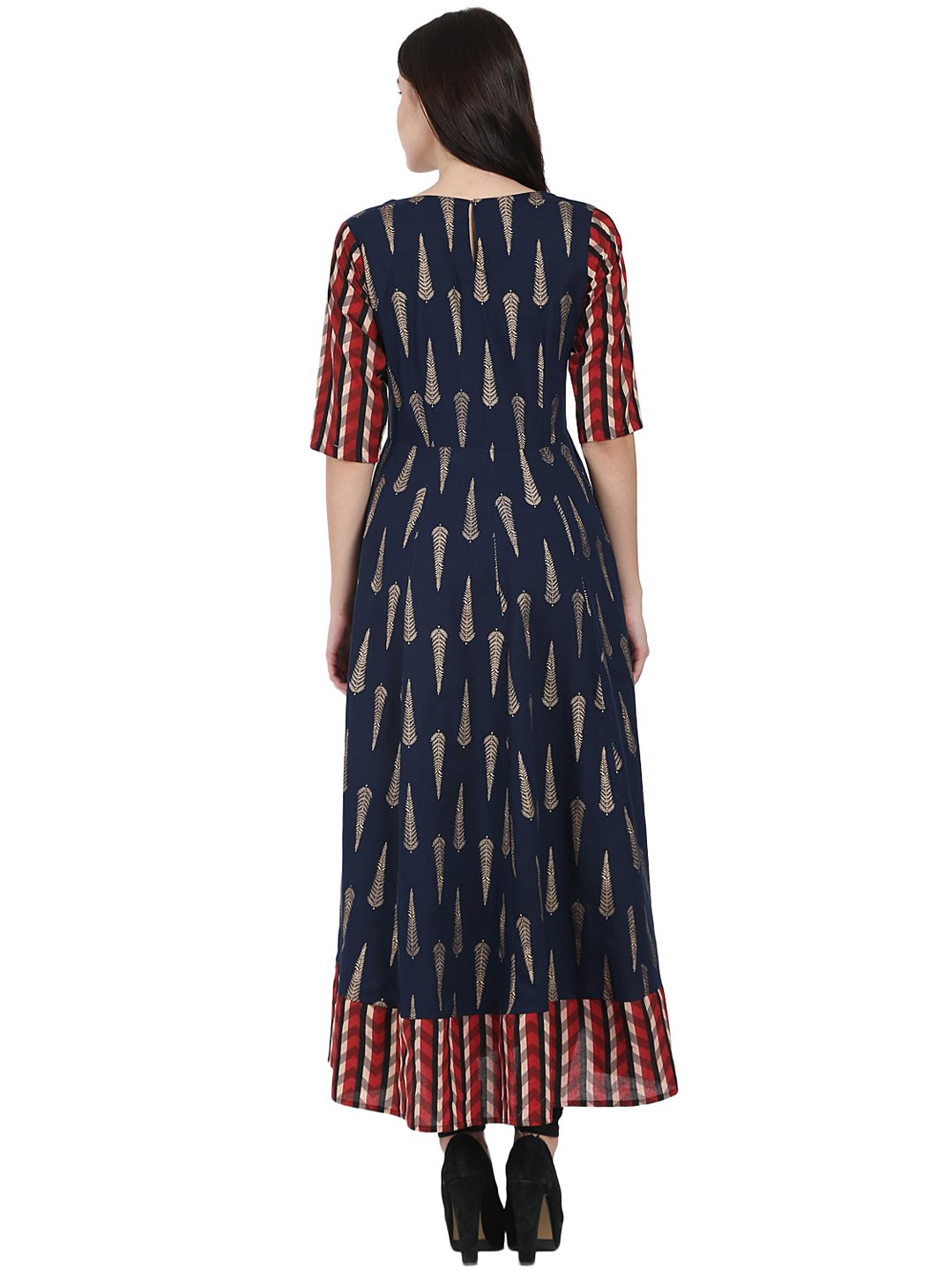 Women's Navy Blue Printed Half Sleeve Cotton Floor Length Anarkali Kurta