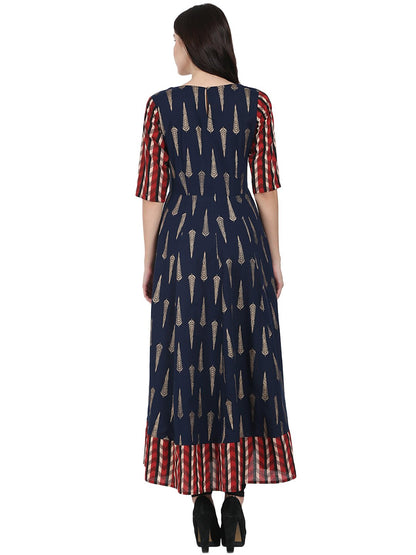 Women's Navy Blue Printed Half Sleeve Cotton Floor Length Anarkali Kurta