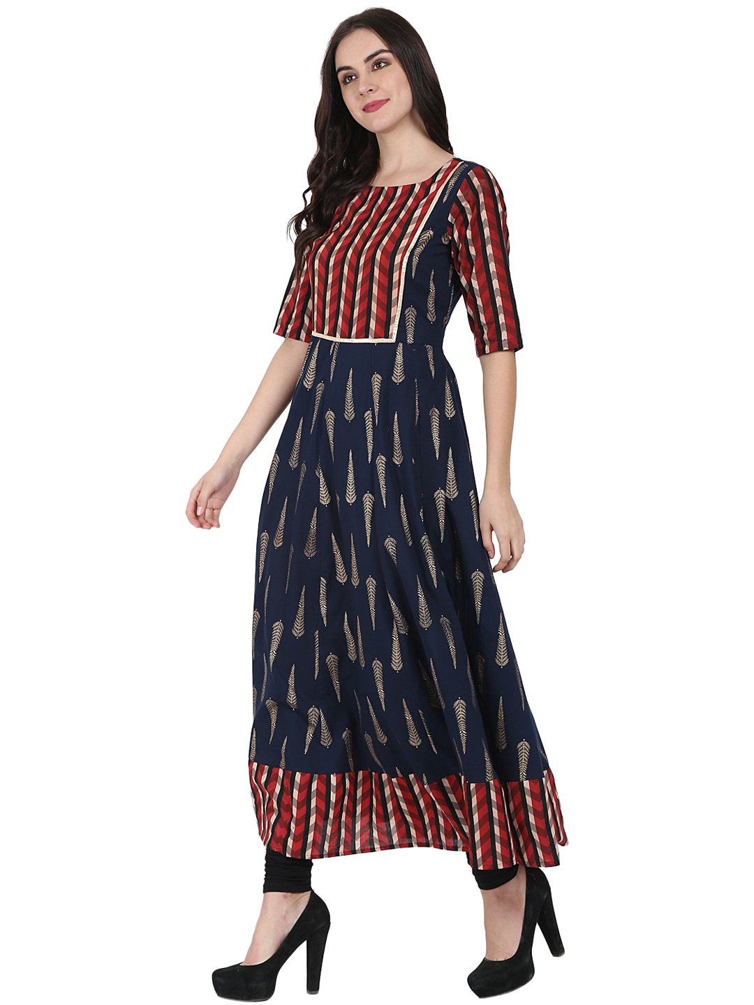 Women's Navy Blue Printed Half Sleeve Cotton Floor Length Anarkali Kurta