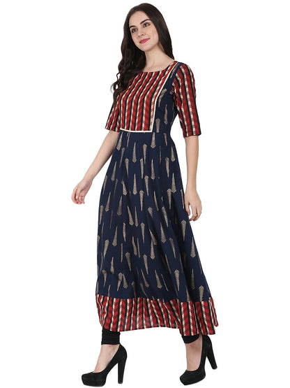 Women's Navy Blue Printed Half Sleeve Cotton Floor Length Anarkali Kurta