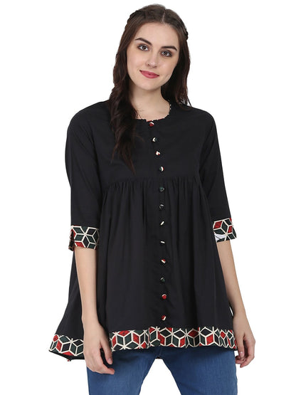 Women's Black 3/4Th Sleeve Cotton A-Line Tunic