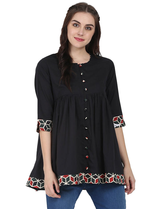 Women's Black 3/4Th Sleeve Cotton A-Line Tunic