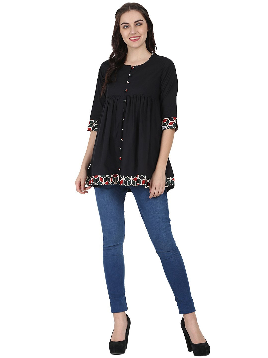 Women's Black 3/4Th Sleeve Cotton A-Line Tunic