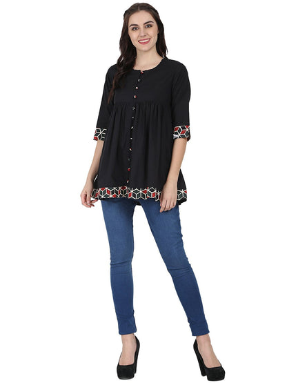 Women's Black 3/4Th Sleeve Cotton A-Line Tunic