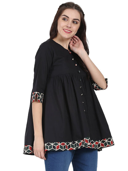 Women's Black 3/4Th Sleeve Cotton A-Line Tunic