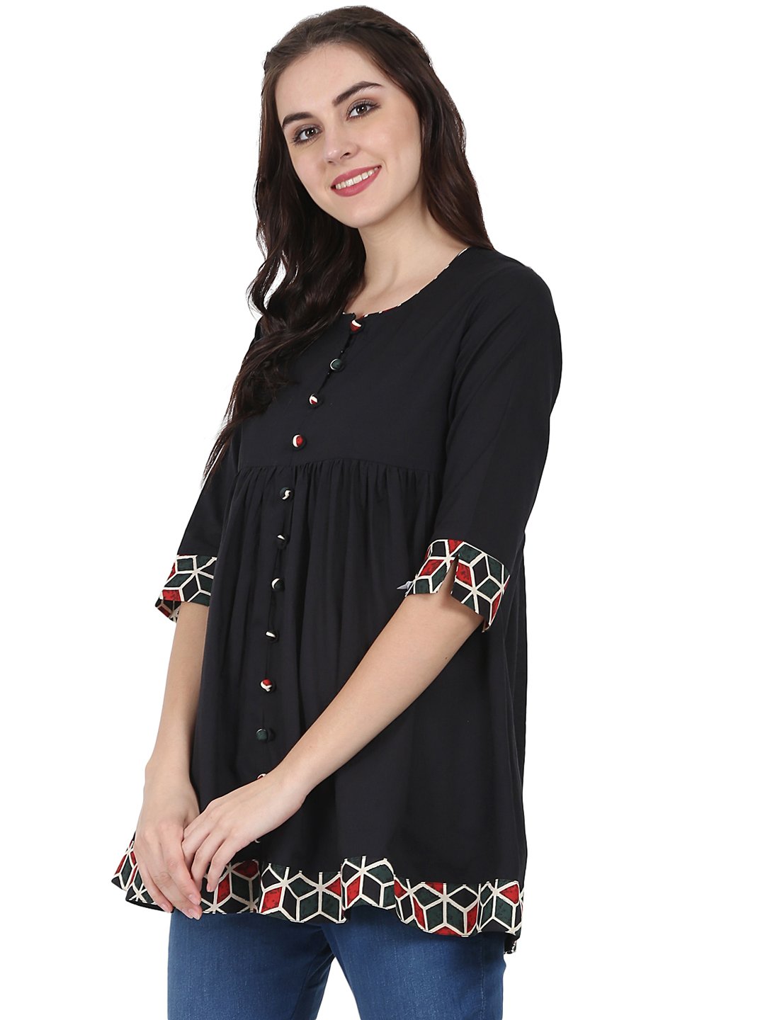 Women's Black 3/4Th Sleeve Cotton A-Line Tunic