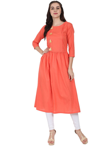 Women's Peach 3/4Th Sleeve Cotton A-Line Kurta
