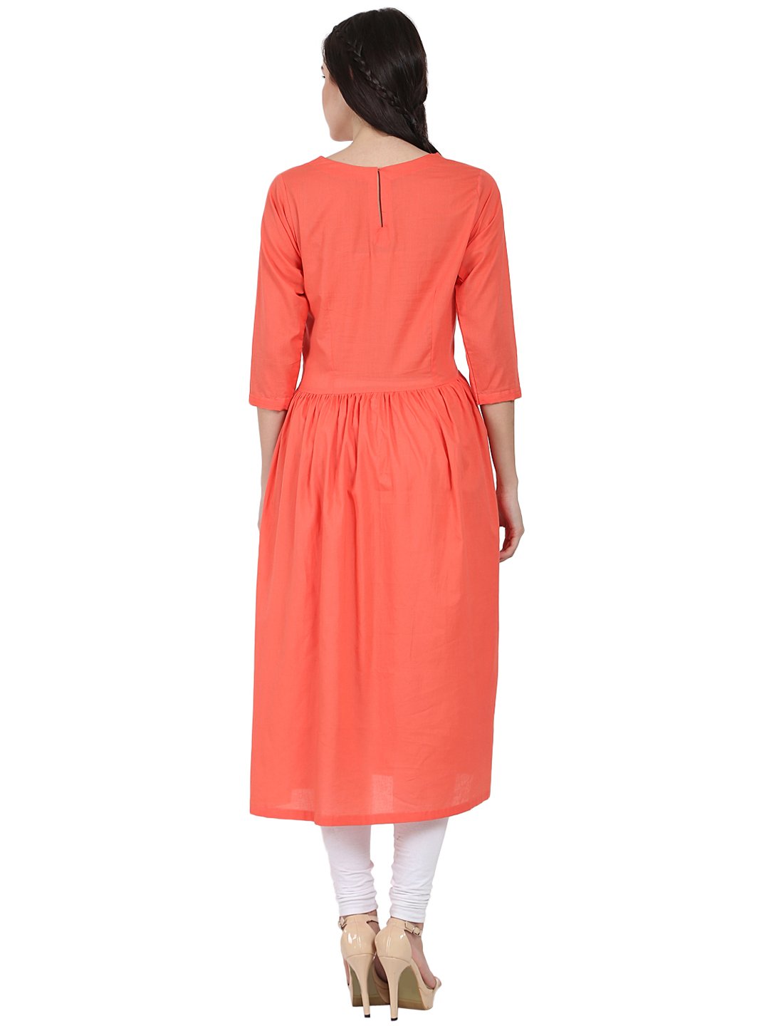 Women's Peach 3/4Th Sleeve Cotton A-Line Kurta
