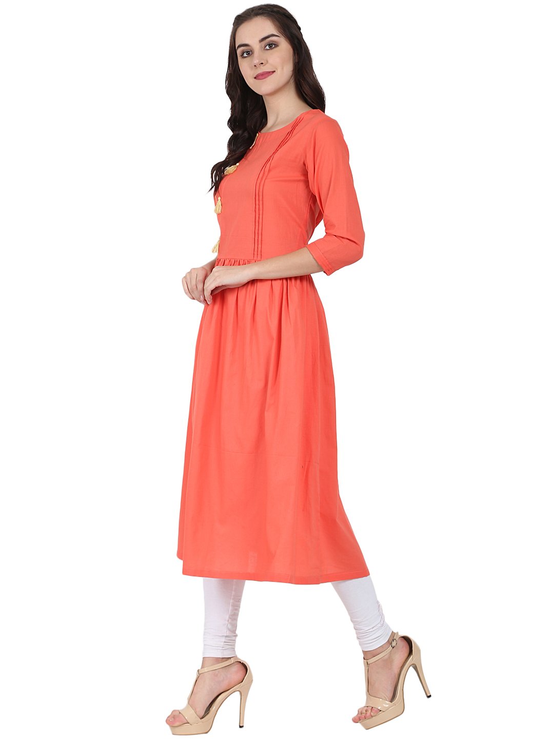 Women's Peach 3/4Th Sleeve Cotton A-Line Kurta